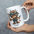 Personalized Tech Enthusiast Coffee Cup 11oz 15oz, Customized Steampunk Character Design Ceramic Mug, Unique Custom Name Mug Gift For Engineer, Kid Cup, Cute Mechanic White Cup