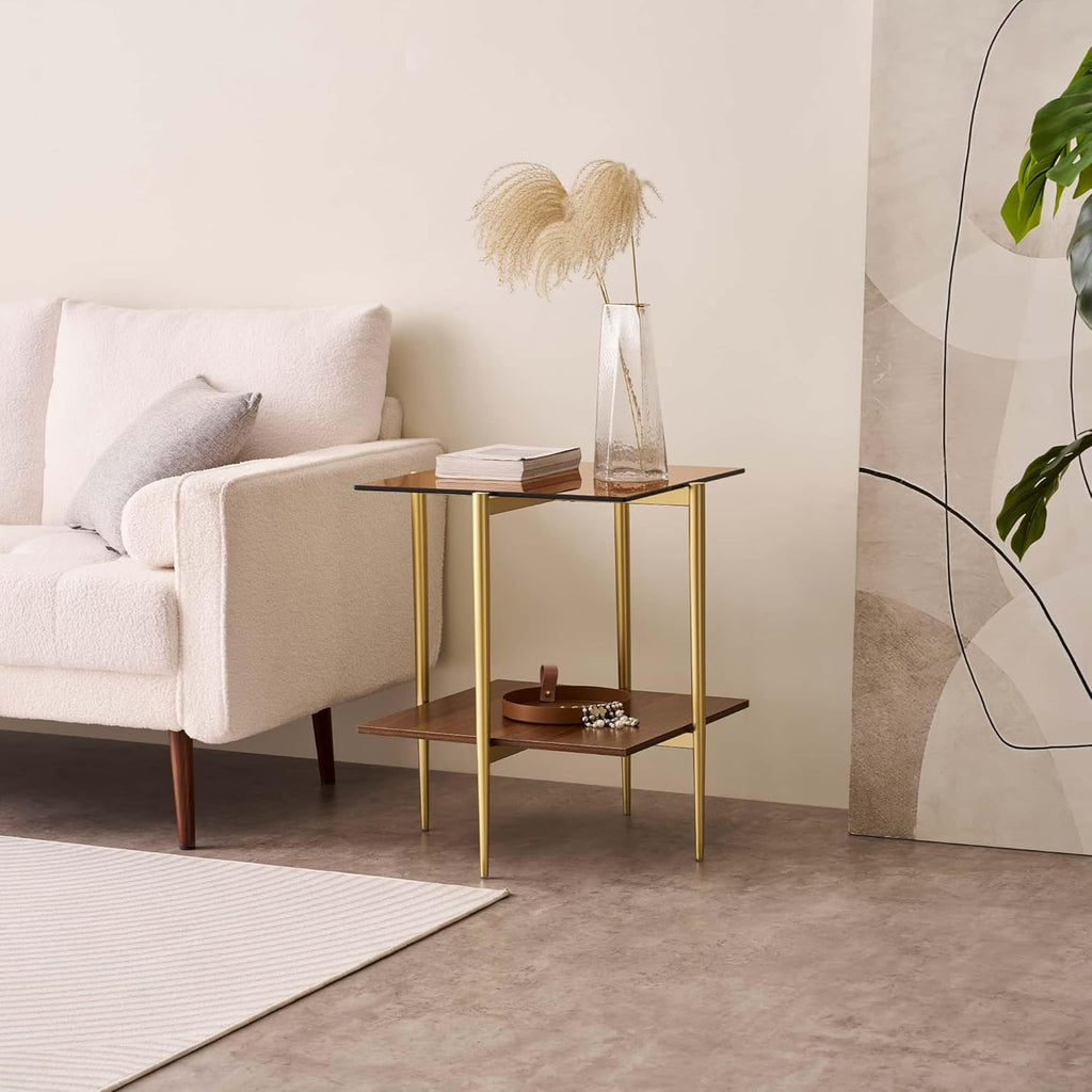 Glass End Table, Mid-Century Modern Design Sofa Table, L41 x W21 x H17, for Living Room, 2-Tier Structure, Clear Glass Top and Walnut MDF Shelf, Sleek Conical Metal Legs with Gold Finish Frame