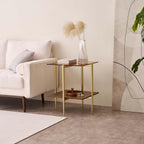 Glass End Table, Mid-Century Modern Design Sofa Table, L41 x W21 x H17, for Living Room, 2-Tier Structure, Clear Glass Top and Walnut MDF Shelf, Sleek Conical Metal Legs with Gold Finish Frame
