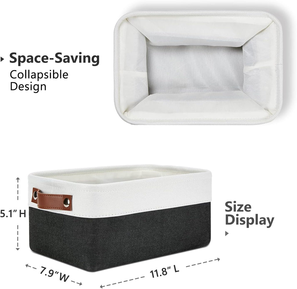 DULLEMELO Small Storage Baskets 6 Pack, Fabric Collapsible Gift Storage Baskets for Shelves, Closets, Nursery, Home, Office Organizing,Small Canvas Linen Rectangular Storage Bins (White&Black)