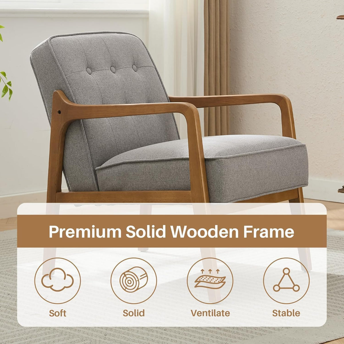 Linen Accent Chair Set of 2, Mid Century Modern Chair for Living Room, Upholstered Comfy Lounge Armchair with Solid Wood Frame, Reading Side Chair for Bedroom,105°Ergonomic Comfort, Grey