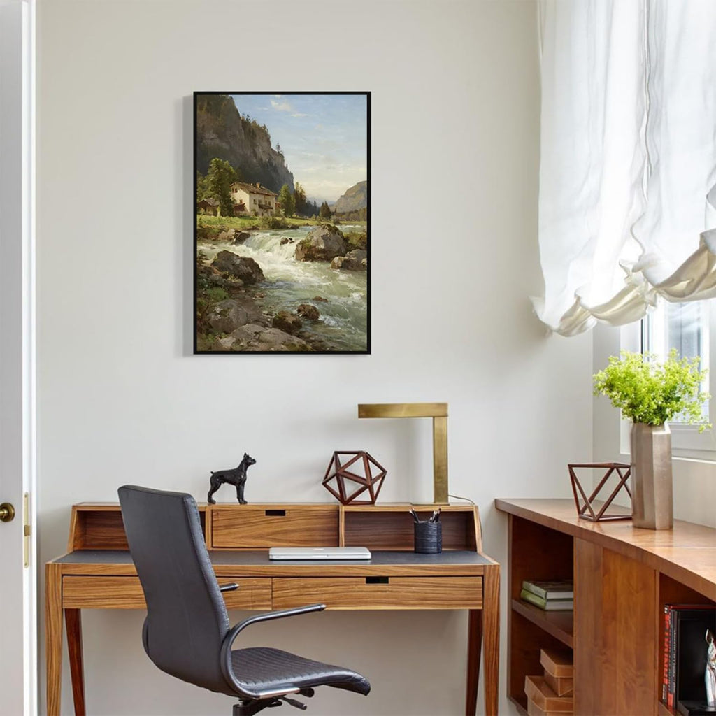 Vintage landscape rural scenery poster art farmhouse cottage wall decor living room kitchen quiet country stream suitable for bedroom bathroom