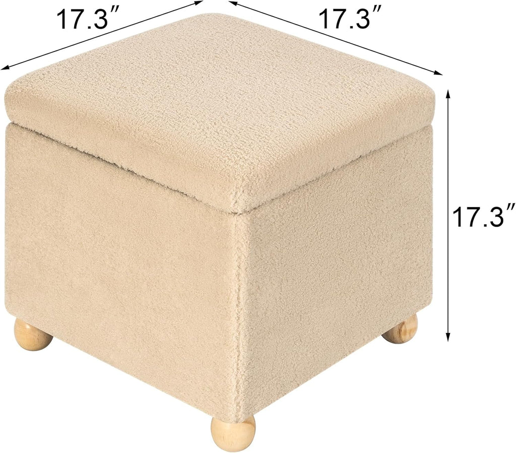 Adeco 17 Inch Soft Oatmeal Cube Ottoman Storage, Teddy Velvet Chair Foot Stools, Upholstered Vanity Stool with Hinged Lid, Solid Round Wood Legs
