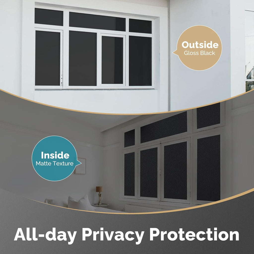 DOWELL Blackout Window Film, 100% Light Sun Blocking Static Cling Frosted Privacy Film for Glass, Heat Control Removable Window Tint, Room Darkening Cover for Day Sleep, Black, 23.6" x 157.5"