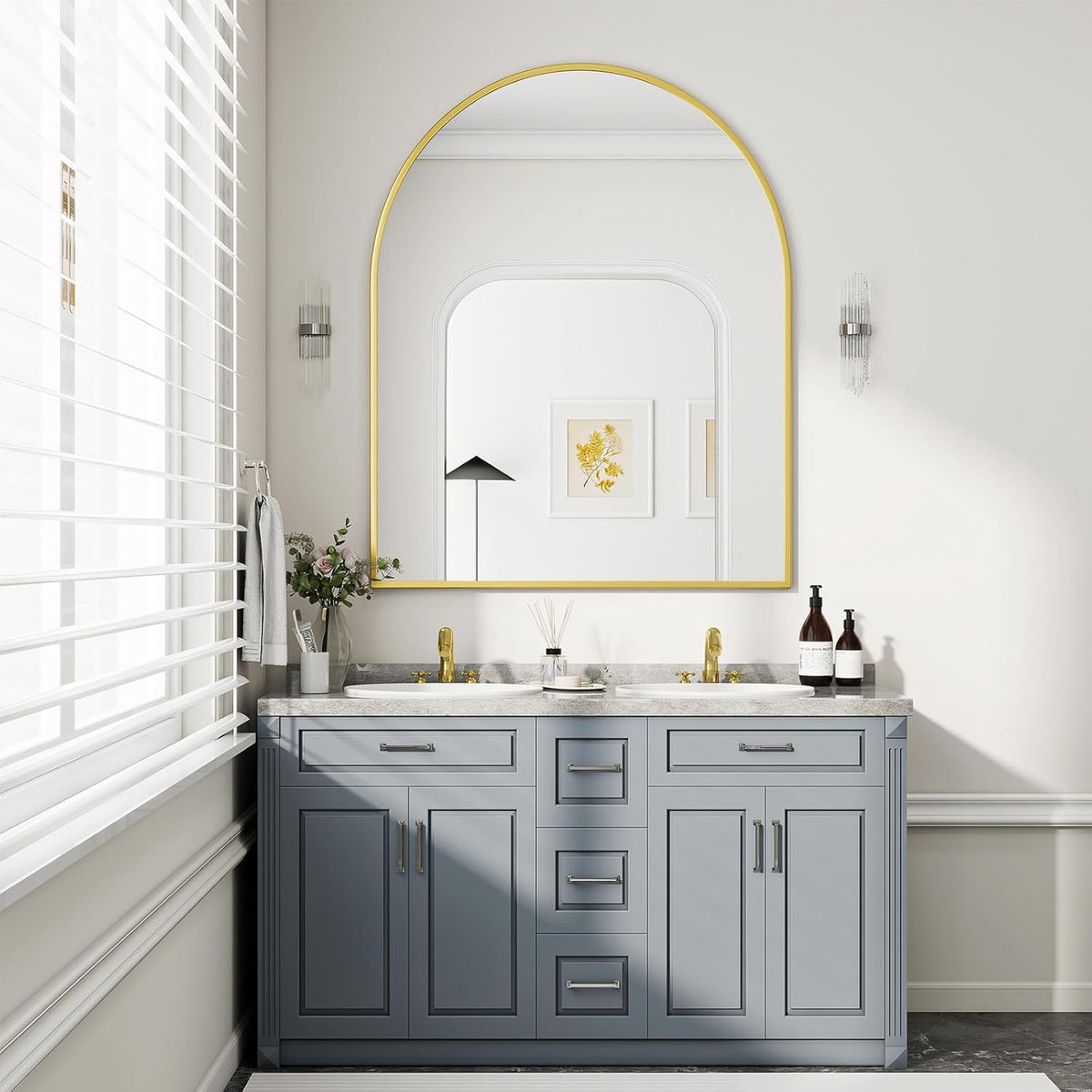 BEAUTYPEAK 36"x48" Arch Bathroom Mirror, Wall Mounted Vanity Metal Frame Mirror for Bedroom, Entryway, Living Room, Gold