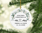 Andaz Press Personalized Our First Christmas As Mr. & Mrs. 2025 Christmas Ornaments Foliage Wreath 2.8" Round Porcelain Ceramic 1st Year Married Custom Ornament Keepsake for Newlyweds 1-Pack