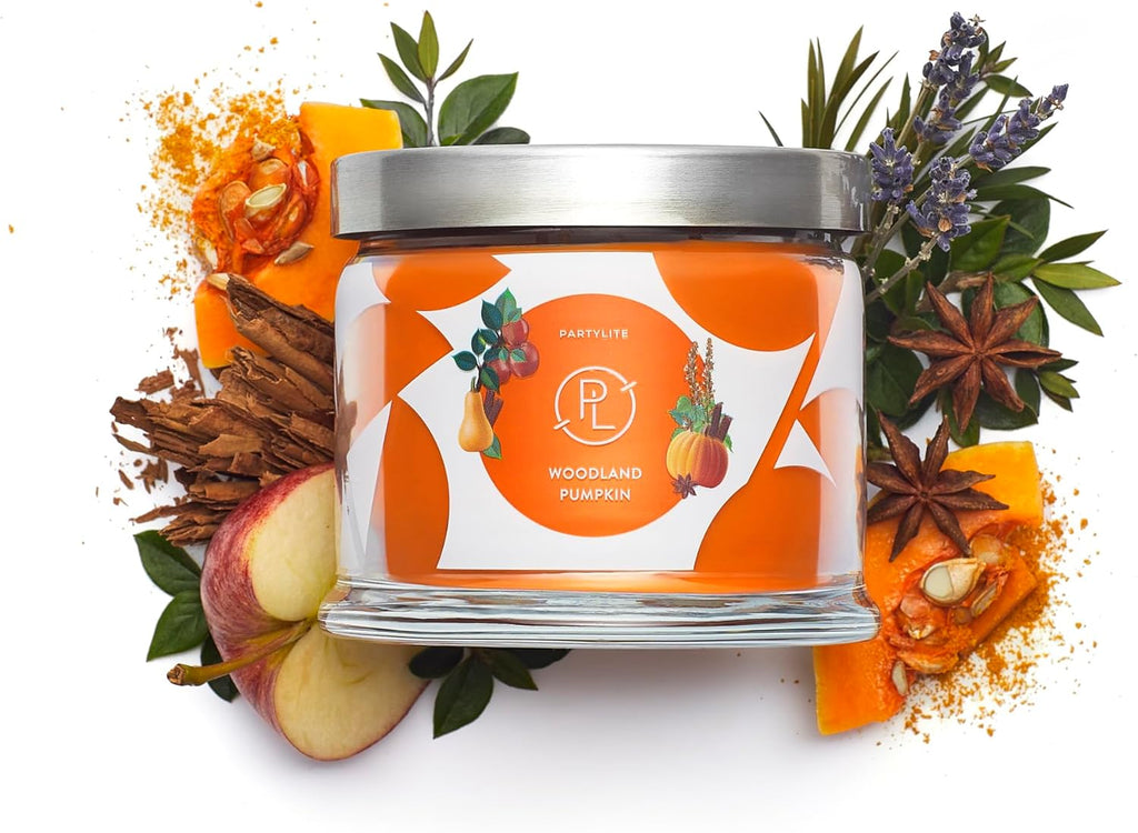 PartyLite Woodland Pumpkin 3-Wick Jar Candle – Autumn Spice & Cinnamon Scent, 25-45 Hours Burn Time, Clean-Burning, Harvest-Inspired Fragrance