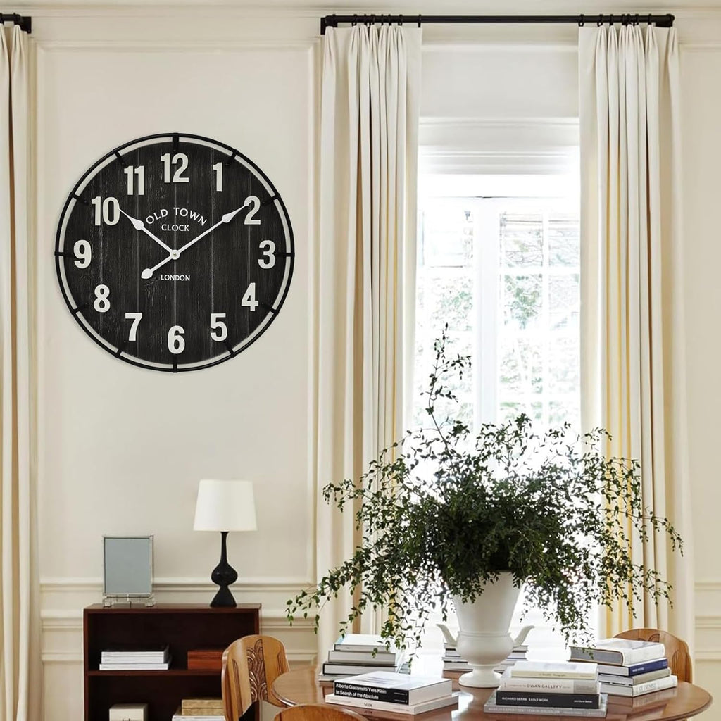 Large Old Town Farmhouse Wall Clock – 24 Inches Rustic Antique Wood with Metal Circle and Large Numerals, Silent Battery Operated Clock for Office, Kitchen, Bedroom, Living Room (Black)