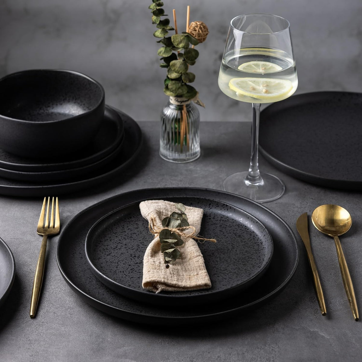 AmorArc Ceramic Dinnerware Sets, Wavy Rim Stoneware Plates and Bowls Sets, Highly Chip and Crack Resistant | Dishwasher & Microwave Dishes set, Service for 4 (12pc)-Speckled Matte Black
