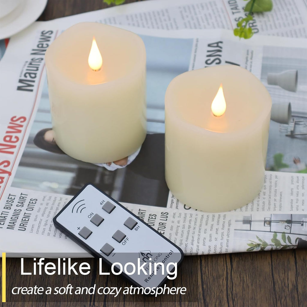 Flameless Candles Battery Operated with Remote Timer, 3D Moving Flame Flickering, Last 600+ Hours Battery Candles, 3" x 3" Ivory Real Wax Electric LED Candle for Wedding Party, Set of 2