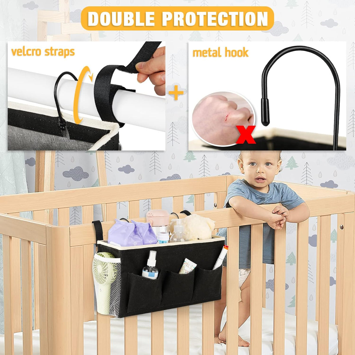 Bedside Caddy Bedside Organizer Bedside Storage Caddy with Fixed Straps and Water Bottle Holder for Home College Dorm Bunk Bed Hospital Bed Crib Bed Rails (2pcs Black)