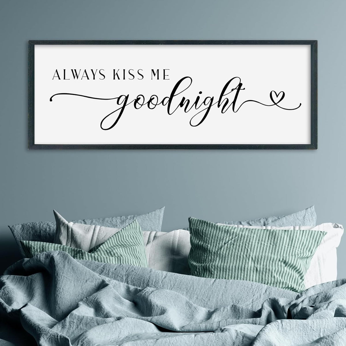 SRSZHIYUE Always Kiss Me Goodnight Sign Wall Decor Art for Master Bedroom Above Bed 40"×15" Large Wood Framed Wall Hanging (Black)