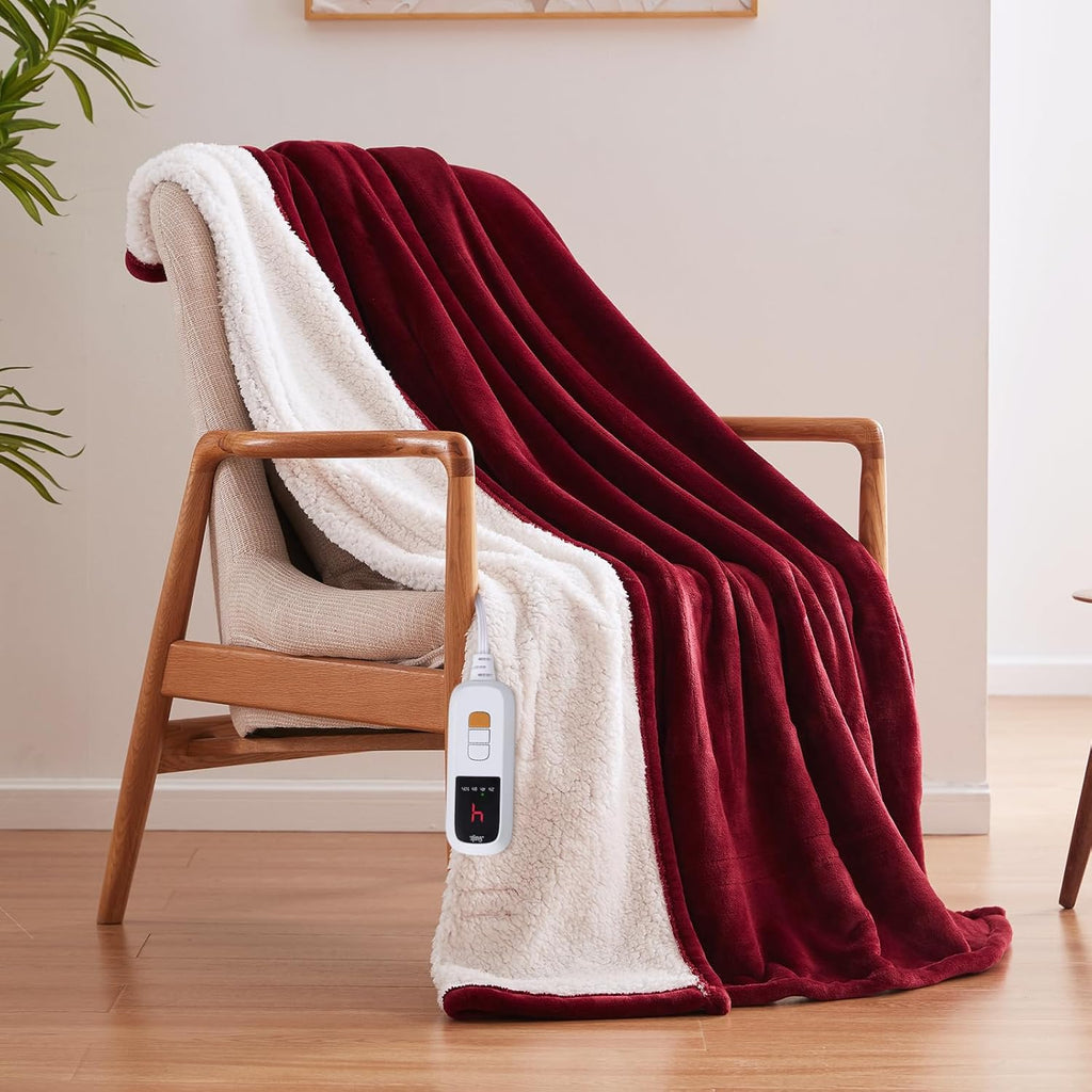 Sealy Electric Blanket Throw Size 50"*60",Super Cozy Flannel to Sherpa Reversible Heated Blanket Throw with 6 Heating Levels & 2-10 Hours Auto Off Overheating Protection Machine Washable,Red