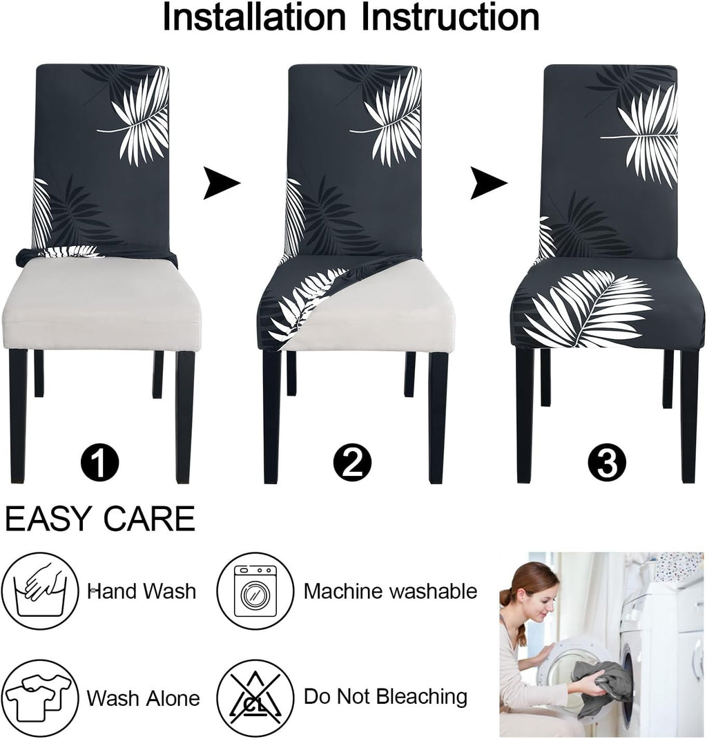 JQinHome Pattern Chair Covers for Dining Room Set of 4, High Stretch Removable Washable Parsons Chair Slipcover for Home Party Hotel Wedding Ceremony (Plume Black,4PCS)