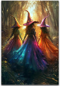 Halloween Room Decor Wall Art Colorful Witch Prints,Vintage Three Colorful Witches in Forest Halloween Posters,Fall Fantasy Aesthetic Pictures Playful Art Wall Decor for Bedroom,16"x24" Unframed