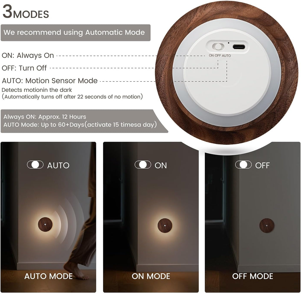 Motion Sensor Night Light Wood Rechargeable Battery-Powered Stick-On Step Lights Loftie Lights Magnetic Closet Warm Nightlight for Hallway Bedroom Stair (2 Pack Black Walnut)