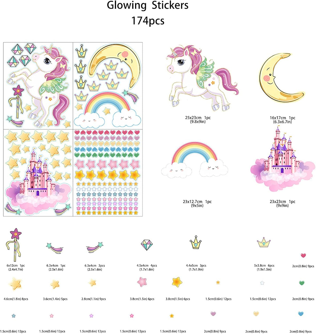 Glow in The Dark Stars and Unicorn Wall Decals, Glowing Castle Moon and Rainbow Stickers, 174 pcs Luminous Ceiling Decor for Kids Bedroom, Great Wall Decor for Girls and Boys Gift