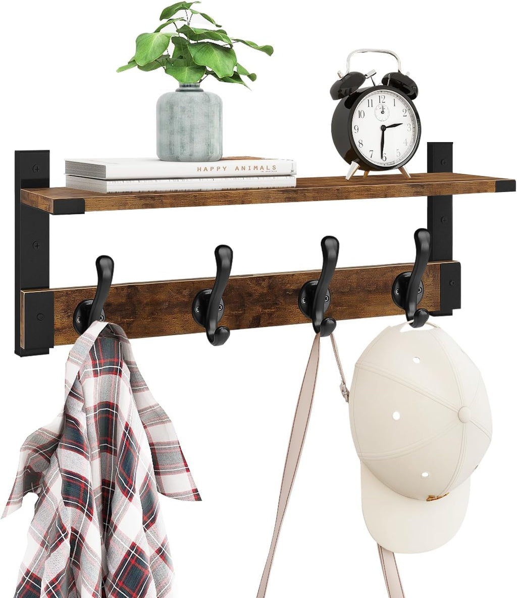 Homode Coat Rack Wall Mount with Shelf, Wood Wall Hooks with Shelf, Heavy Duty Entryway Shelf with Hooks with 4 Metal Hangers for Hanging Key Towel Hat Purse, Bathroom Bedroom, Rustic Brown Black