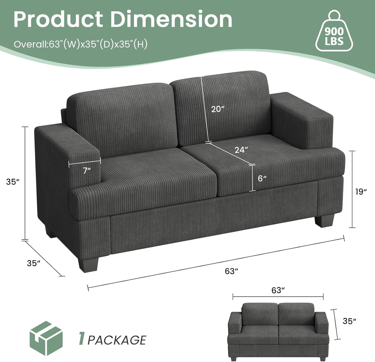 2 Pieces Corduroy Couch Set for Living Room, Black Cloud Sofa, Deep Seat Floor Couch for Bedroom, Futon Modern Sofa Sectional Bed, Black Corduroy