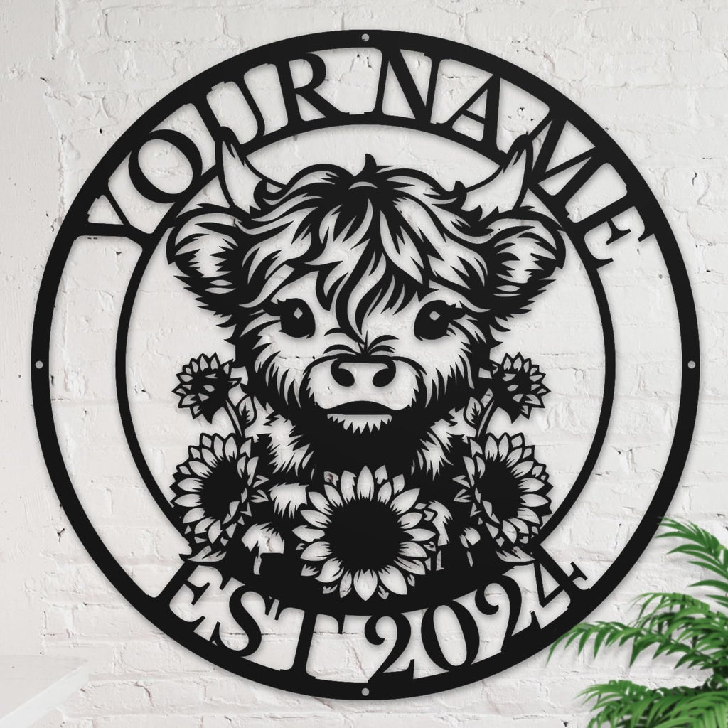 Personalized Highland Cow Name metal Signs,Custom Highland Cow Metal Shed Wall Decor,Black Metal Wall Art Plaques Outdoor wall Decorative Signage (Style E)