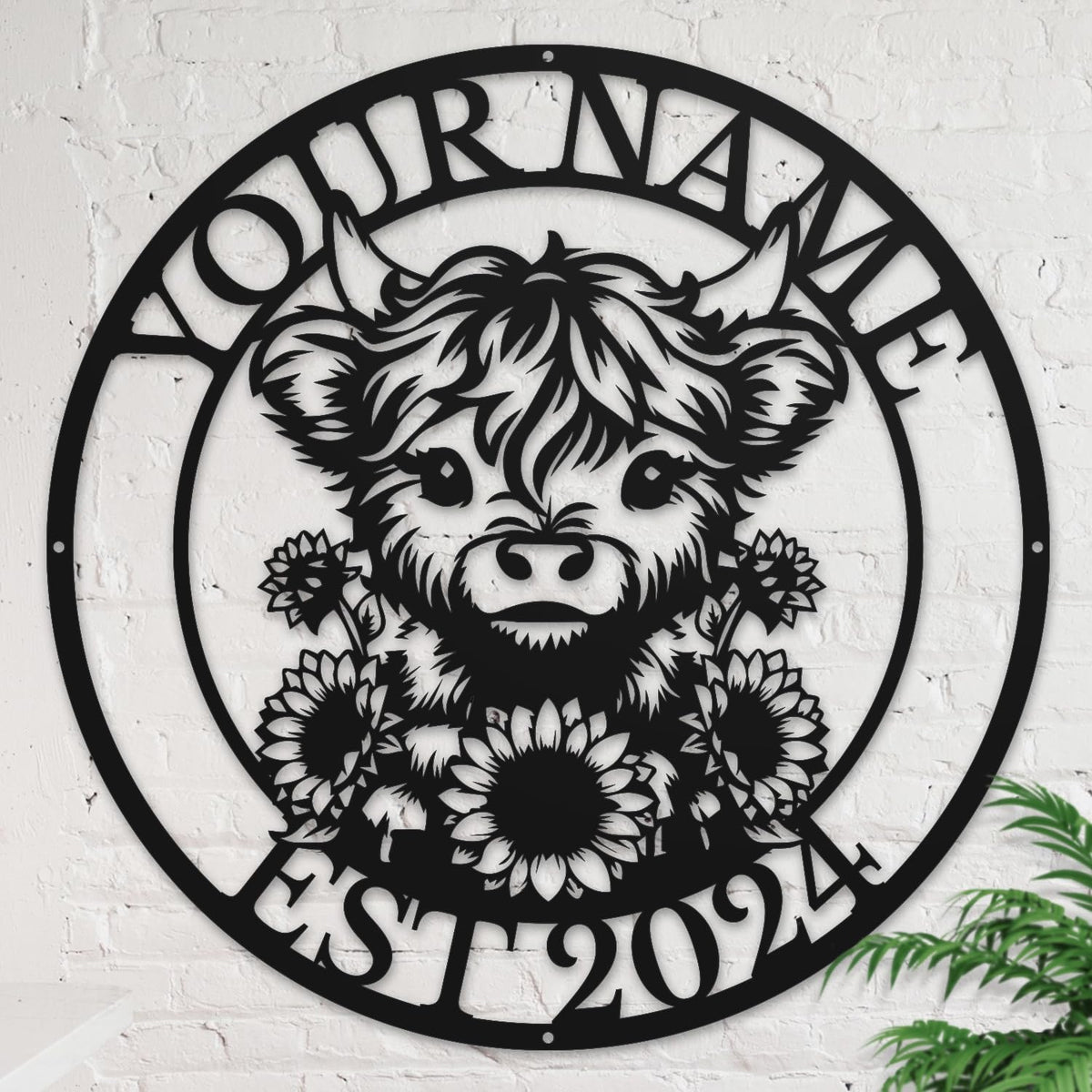 Personalized Highland Cow Name metal Signs,Custom Highland Cow Metal Shed Wall Decor,Black Metal Wall Art Plaques Outdoor wall Decorative Signage (Style E)