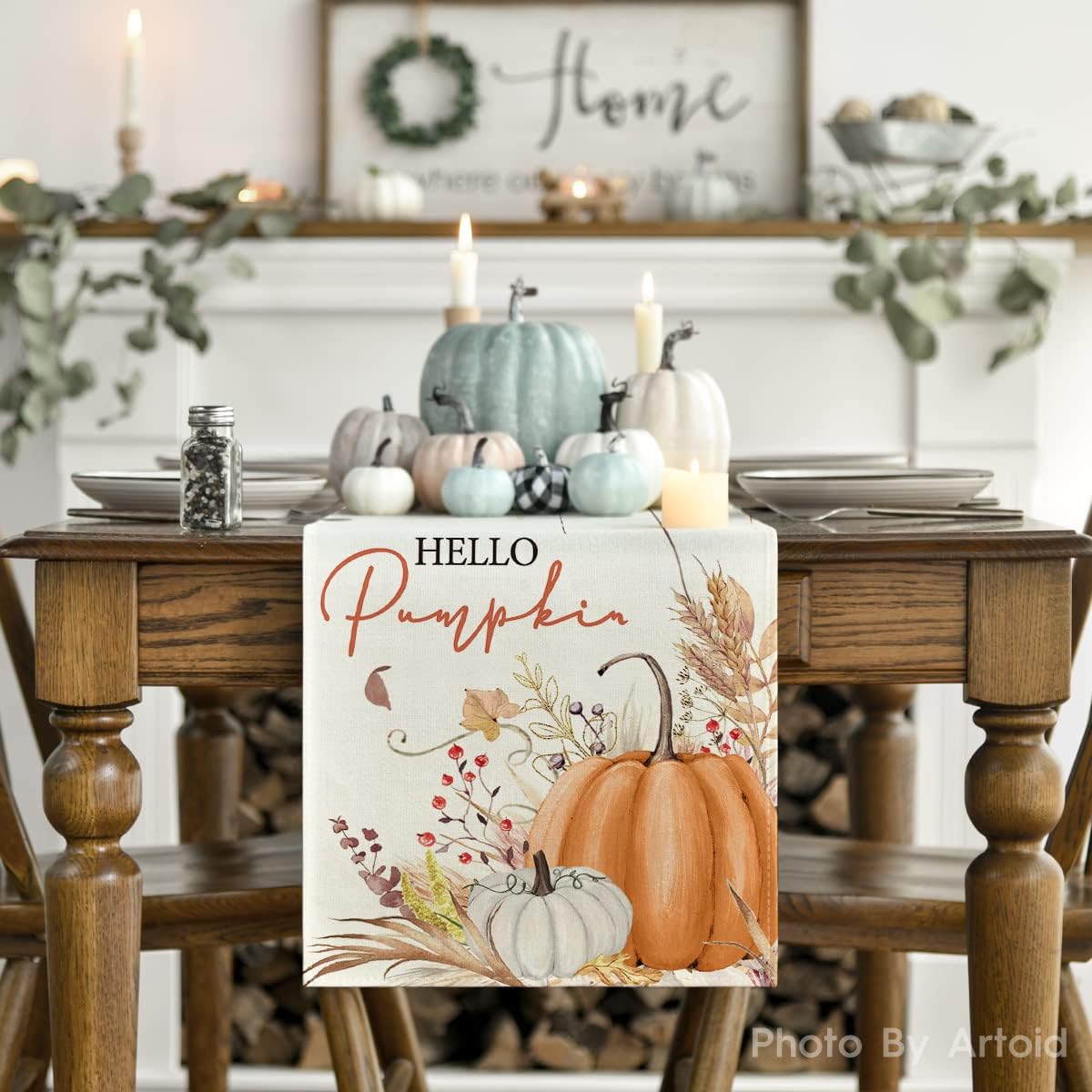 Artoid Mode Hello Pumpkin Flowers Leaves Thanksgiving Table Runner, Seasonal Fall Harvest Vintage Kitchen Dining Table Decoration for Indoor Outdoor Home Party Decor 13 x 90 Inch