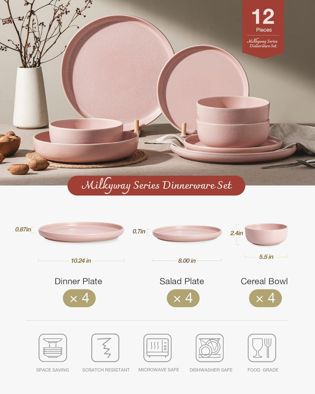 Famiware Milkyway Plates and Bowls Sets, 12 Pieces Dinnerware Sets, Reactive Glaze Dish Set, Stoneware Dishes Set for 4, Light Pink