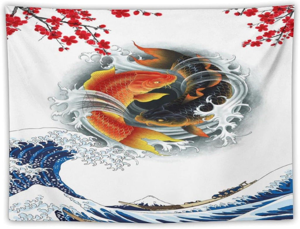 Houselerax Koi Fish Tapestry, Japanese Style Yin Yang Big Wave Cherry Blossoms Tapestries Wall Hanging for Bedroom Living Room Office Decor 90"x60"