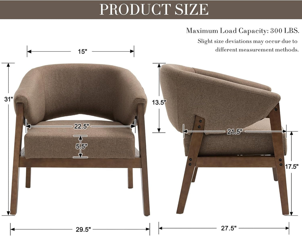Mid-Century Modern Accent Chair, Comfy Barrel Armchair with Wide Seat, Upholstered Lounge Chair with Walnut Wood Legs for Living Room/Bedroom/Reading Corner, Linen Fabric, Brown, 1PC