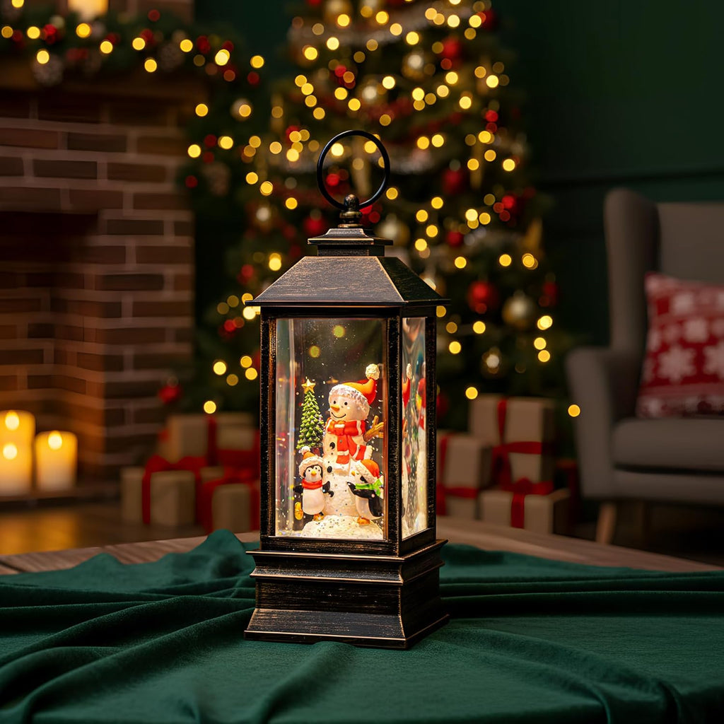 10'' Musical Snow Globe Lantern Lighted Snowman with Penguin Water Lantern Swirling Glittering Home Decoration and Gift, Battery Operated or USB Powered