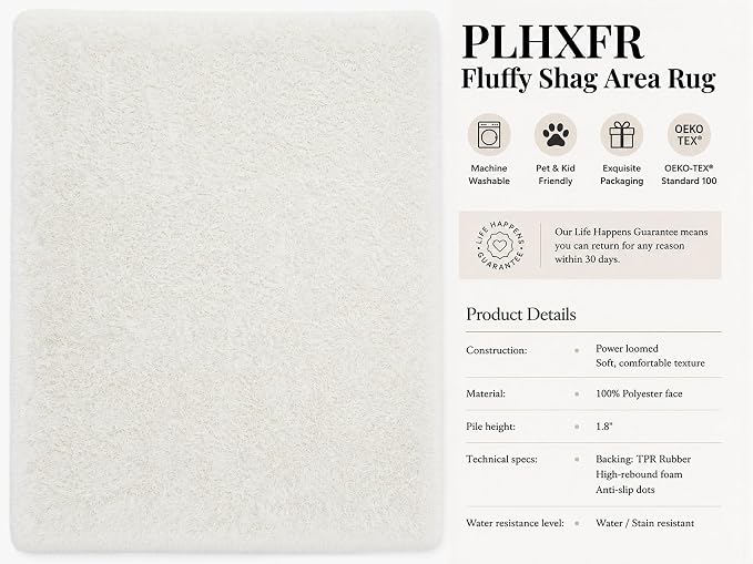 PLHXFR 8x10 Area Rugs Living Room: Fluffy Bedroom Rug Shag Carpet White | - Image 9