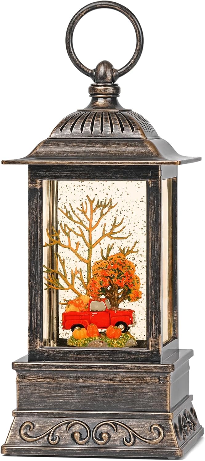 Fall Snow Globe Red Truck Lantern, Glitter Lighted Snow Globes Fall Decorations for Home, Light Up Snowglobe Fall Décor
