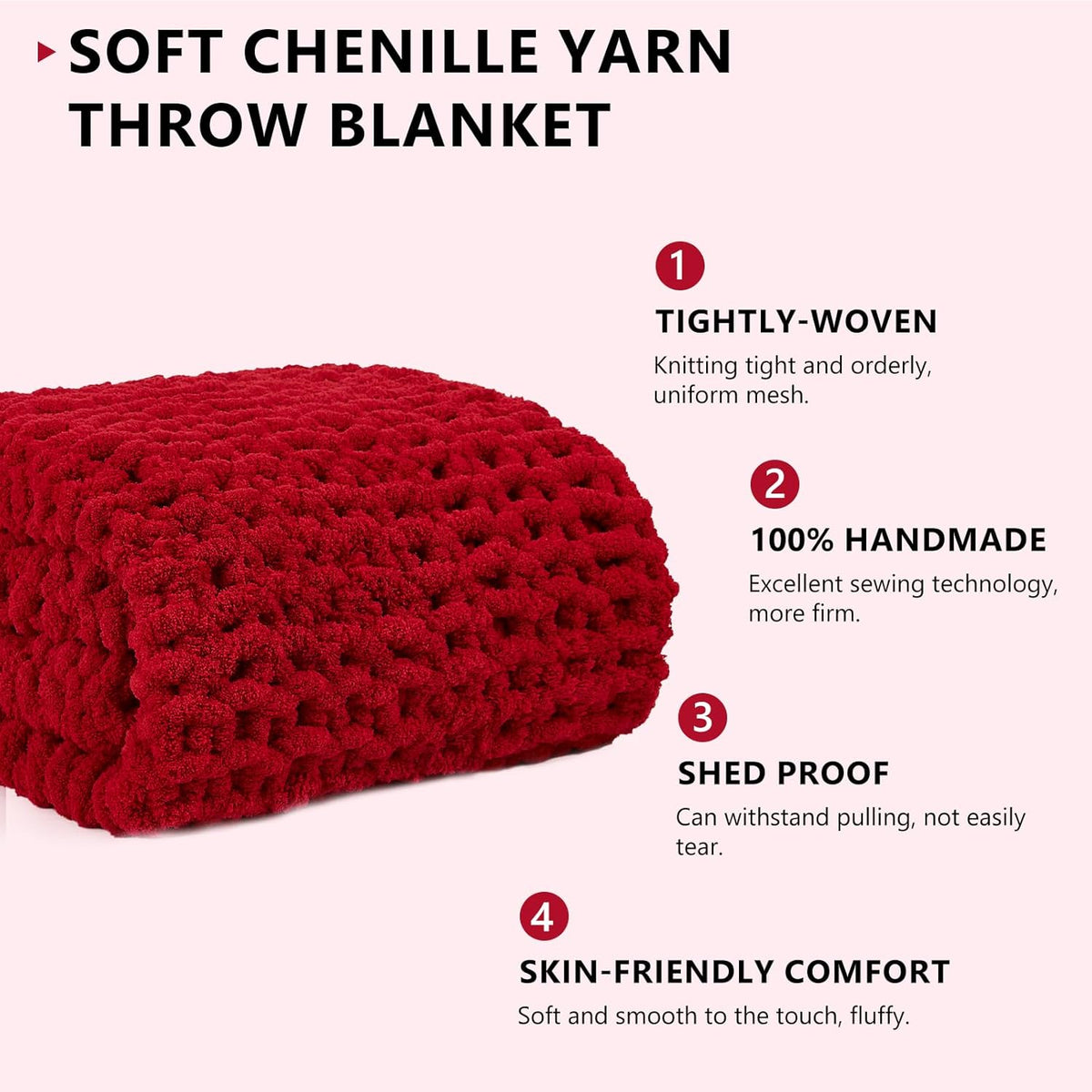 L'AGRATY Chunky Knit Blanket Throw - Soft Chunky Throw Blanket 50x60: 100% Hand Kintted Chenile Crochet Blanket Large Cable Knit Chunky Blanket - Rope Knot Throw Blanket for Couch Home Decor(Red)