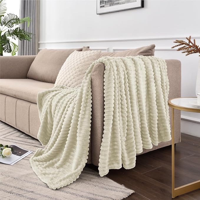 BEDELITE Ribbed Jacquard Beige Fleece Throw Blanket - Image 8