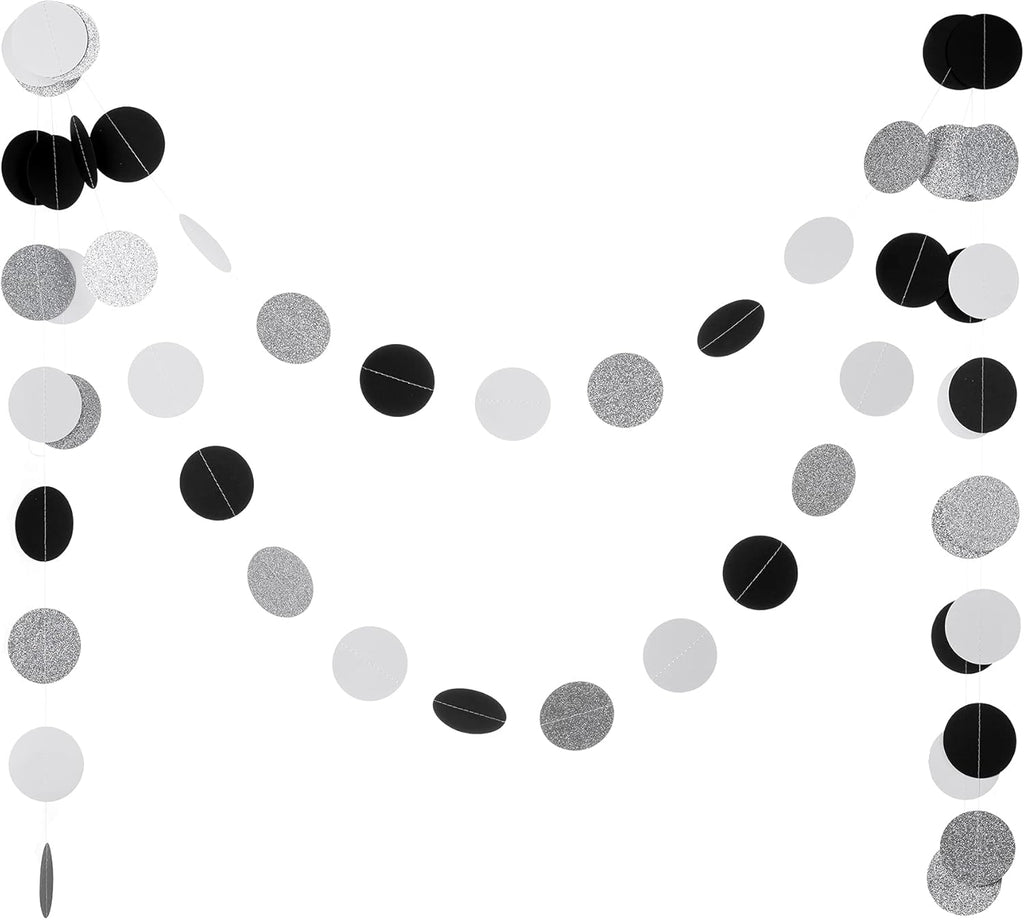 Black White Silver Glitter Paper Garland Circle Dot Streamer Banner for Graduation Bridal Shower Wedding Birthday Party Decorations, 2.5" in Diameter, 20 Feet in Total