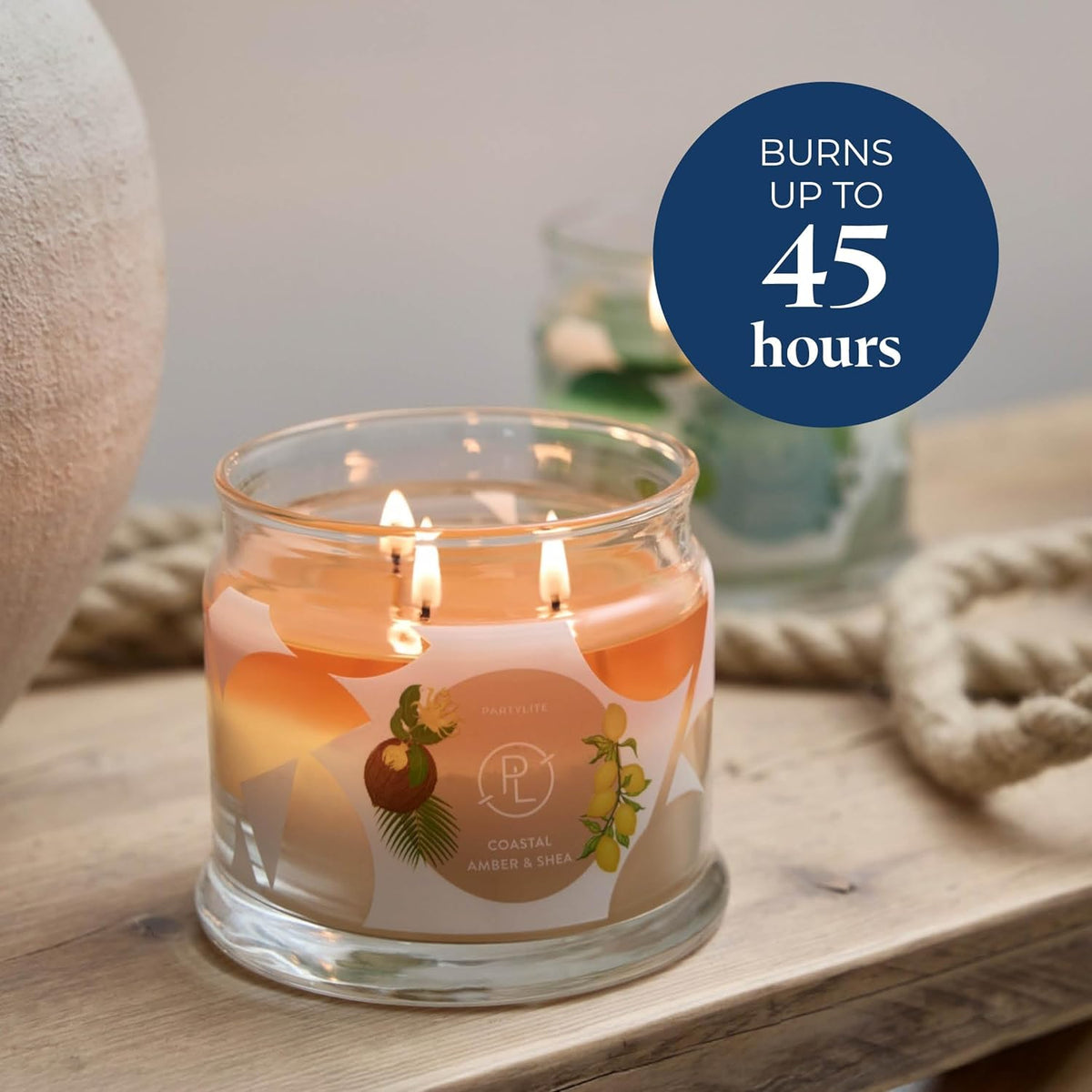 PartyLite Coastal Amber & Shea Scented, Notes of Ylang Flower, Citron, Sweet Coconut & Amber Creme, 13.2oz 3-Wick Jar Candle, 45 Hour Burn Time, Luxurious Fragrance, Ideal for Gifting