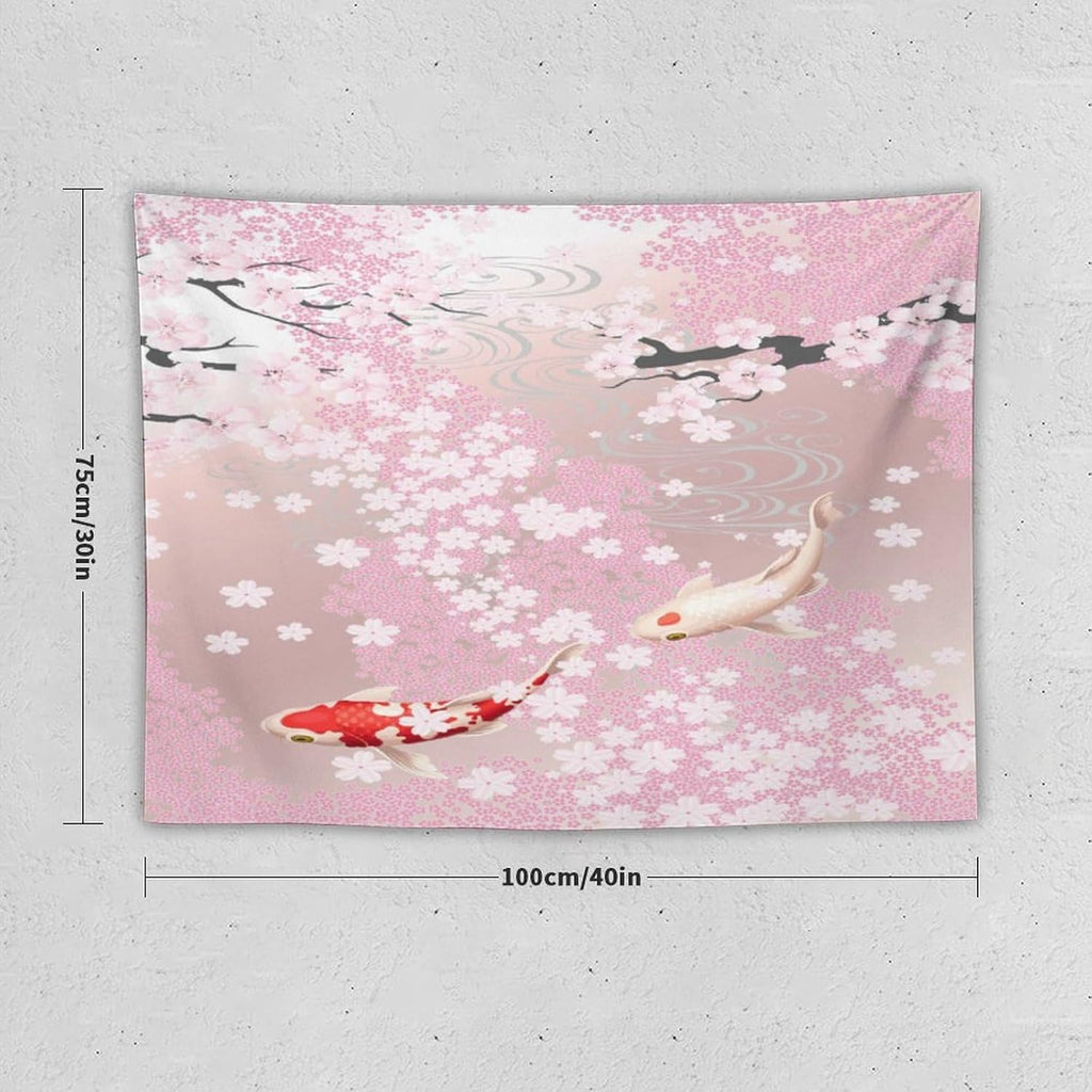 Houselerax Japanese Koi Fish Tapestry, Cherry Blossoms Asian Oriental Pink Flower Branch Koi Fish Carp Tapestries Wall Hanging for Bedroom Living Room Office Decor 40"x30"