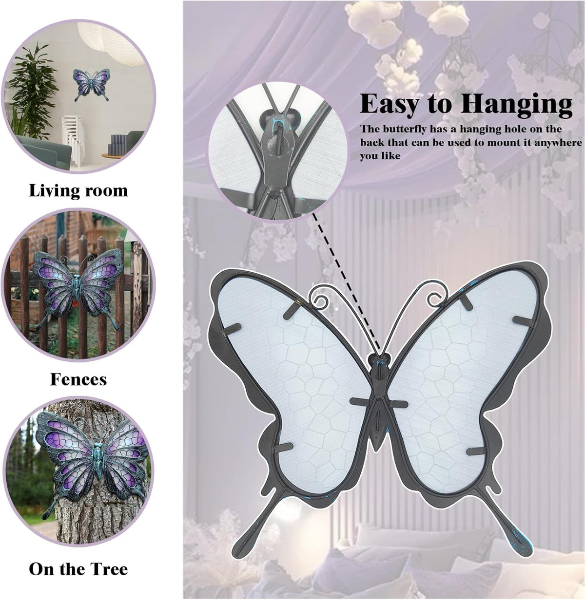 POXOHO Metal Butterfly Wall Decor - Purple Mosaic Glass Art Sculpture with Metal Frame, 11 Inch Hanging Garden Ornaments for Outdoor Fence, Patio Yard, Indoor Bedroom & Living Room Home Decoration