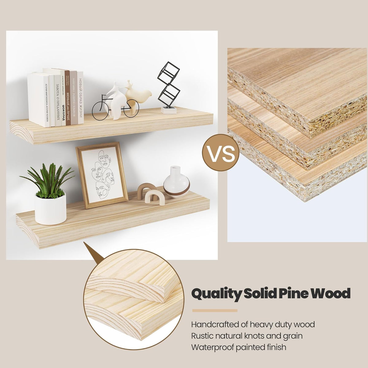 Natural Wood Floating Shelves 16”x 8”x 1.4” Book Shelf Floating for Wall Mounted, Heavy Duty Shelf Hold 35 lbs, Unfinished Wall Shelves for Bathroom, Living Room, Kitchen, Bedroom, Office