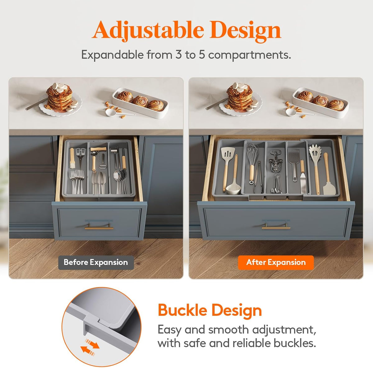 Lifewit Utensil Organizer for Kitchen Drawers, Expandable Cooking Utensil Tray, Adjustable Cutlery Silverware Flatware Holder, Plastic Kitchen Spatula Tools and Gadgets Storage Divider, Large, Gray