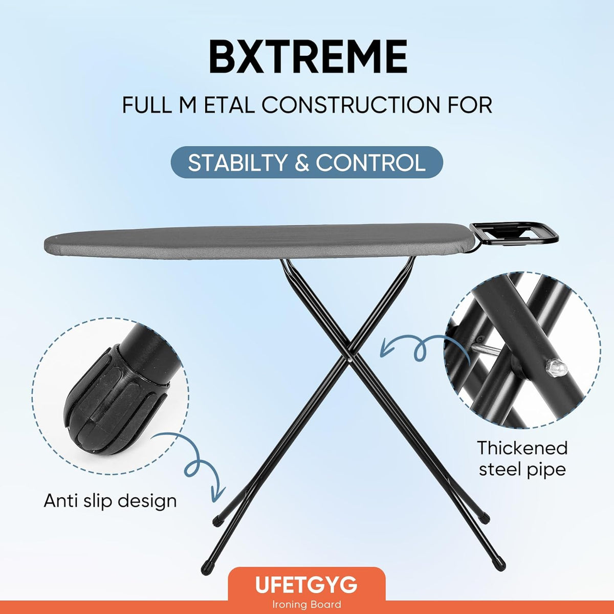 Classic Ironing Board 43" X 13" W/with Iron Rest | Full Metal Construction| Height Adjustable | Heat & Scorch Resistant Fabric | Anti-Skid Feet | Easy to Fold (Dark Grey)
