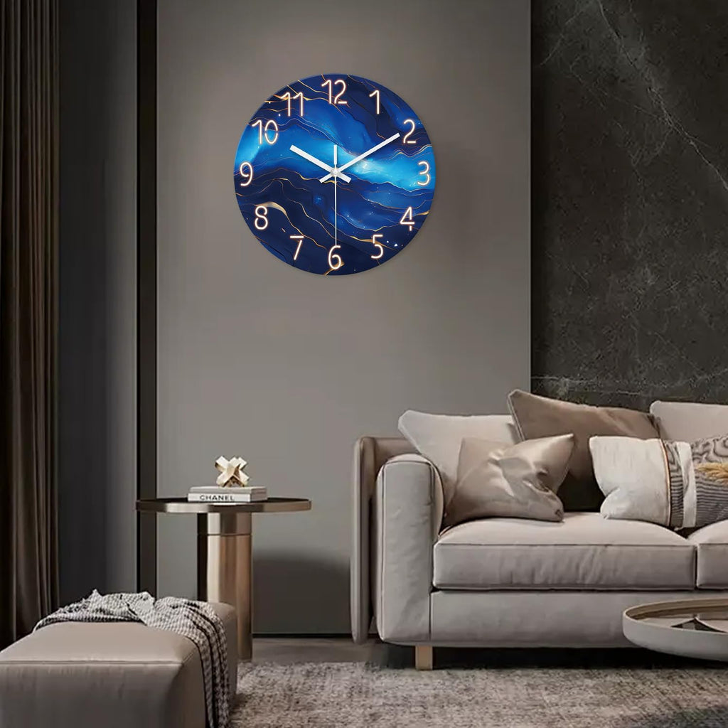 Blue Glass Wall Clocks Battery Operated 20 Inch Marble Large Wall Clocks for Living Room Round Non Ticking Wall Clock Silent