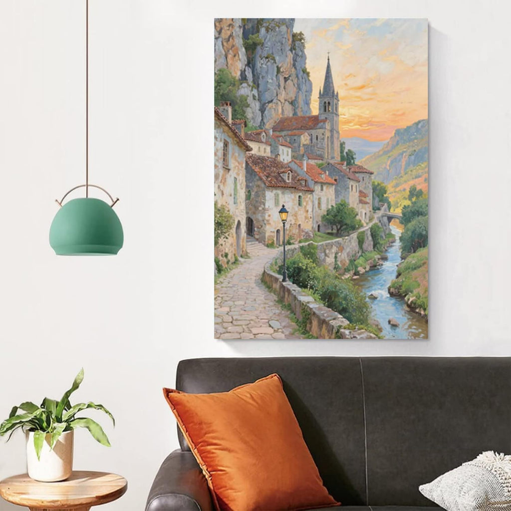 Small town scenery poster on the bank of the mountain stream is suitable for living room bedroom and office natural oil painting poster