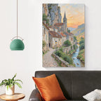 Small town scenery poster on the bank of the mountain stream is suitable for living room bedroom and office natural oil painting poster
