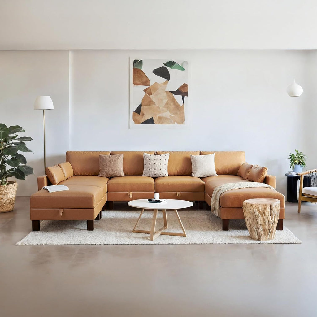 128'' Sleeper Couch, Large Sofa Bed with Storage, Faux Leather 8 Seater Sofa, Mid Century Modern Couch Sofa for Living Room, Guest Room, House, Apartment, Office, Loft, Tan