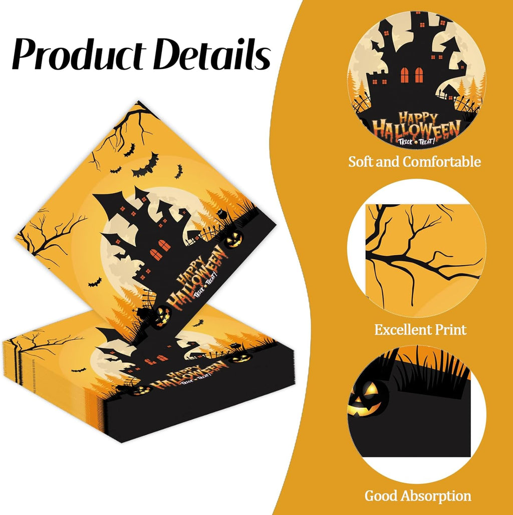 50 Pcs Halloween Napkins 6.5 x 6.5 inch, Pumpkin Bat Ghost Paper Napkins Disposable Holiday Cocktail Napkins for Dinner Bathroom Halloween Party Decorations