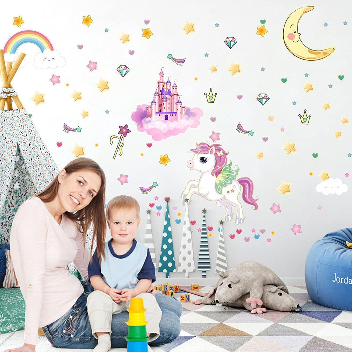 Glow in The Dark Stars and Unicorn Wall Decals, Glowing Castle Moon and Rainbow Stickers, 174 pcs Luminous Ceiling Decor for Kids Bedroom, Great Wall Decor for Girls and Boys Gift
