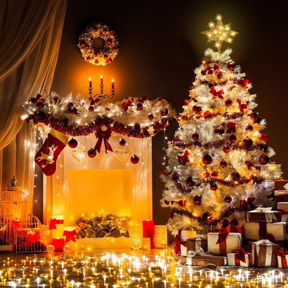 Christmas Tree Topper Lighted 13.5” Gold Star Tree Toppers with 20 LED Lights Christmas Tree Top Ornament for New Year Holiday Home Office Indoor Decorations
