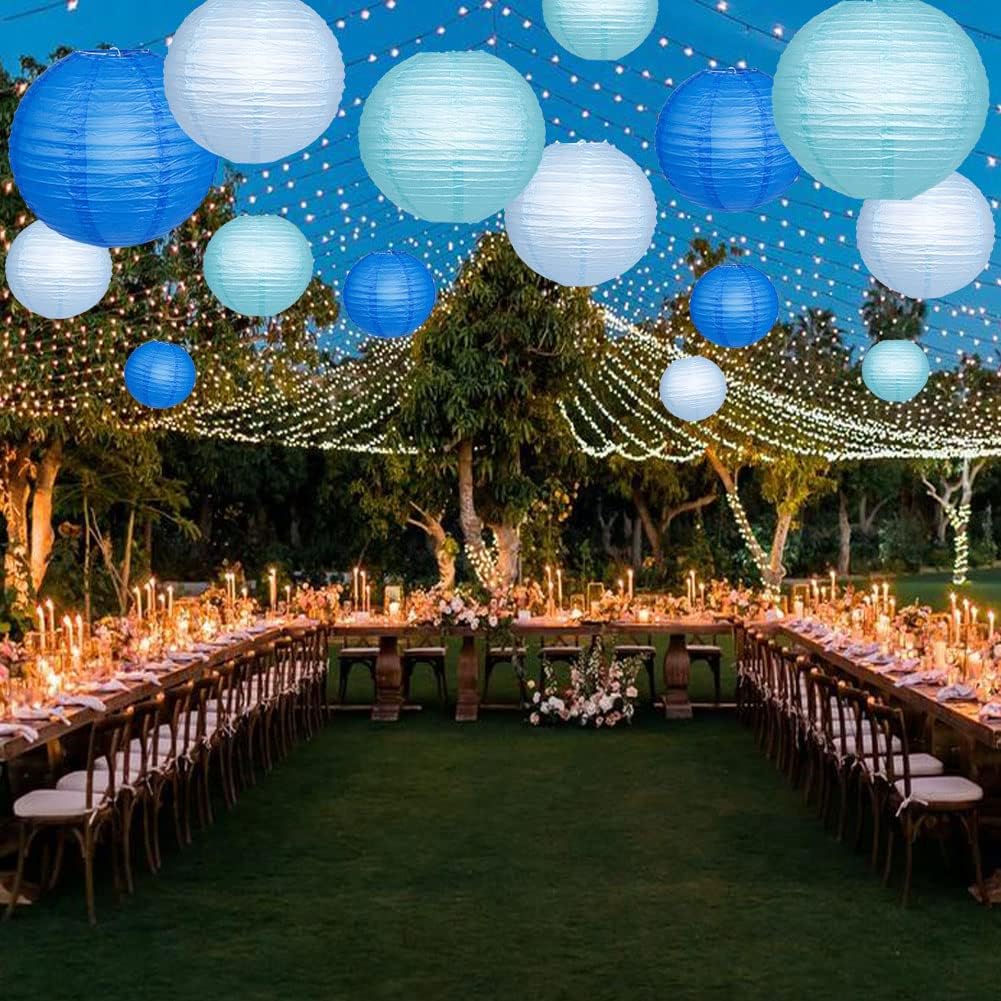 Paper Lanterns Decorative, Blue Hanging Paper Round Chinese Lanterns with Lights for Wedding Graduation Birthday Party 12 LED Light Pack of 12