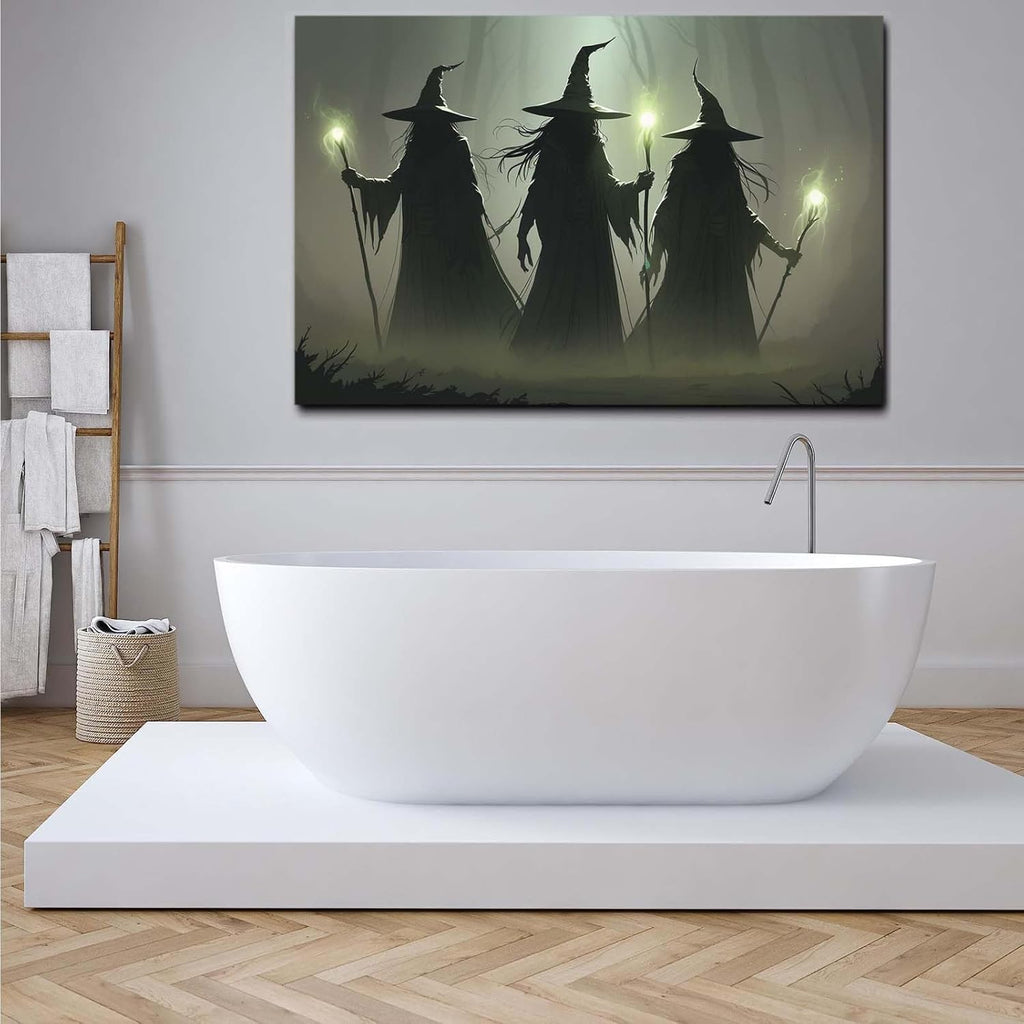 JFHCQJPK Vintage 3 witches canvas wall decor melancholy dark Halloween poster wall decor holding a staff print Gothic horror Halloween painting print for living room bedroom12x16in Frameless